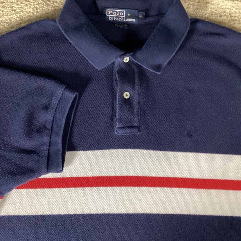 Polo Ralph Lauren Men XL Navy Blue Bold White Red Chest Stripe  Polo Shirt